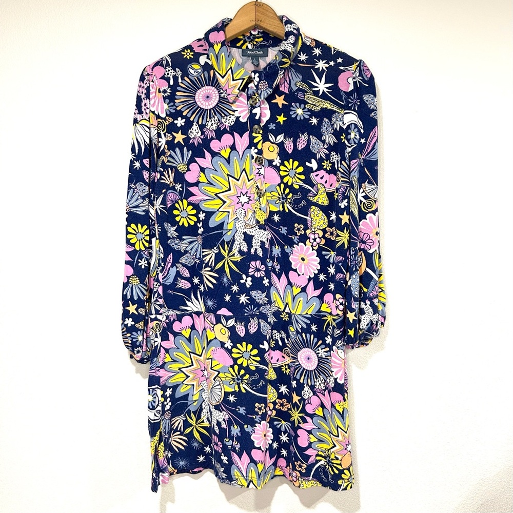 MODCLOTH Navy Blue Fruit Mushroom Floral Print Shift Dress Boho Stretch Knit L